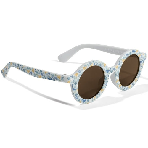 Óculos de sol infantis Little Dutch Ocean Dreams Blue, vista lateral com armação redonda estampada e hastes brancas.