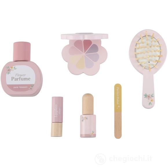 Conjunto completo de acessórios de brincar em madeira do toucador Little Dutch: perfume, paleta de maquilhagem, escova, batom e lima de unhas.