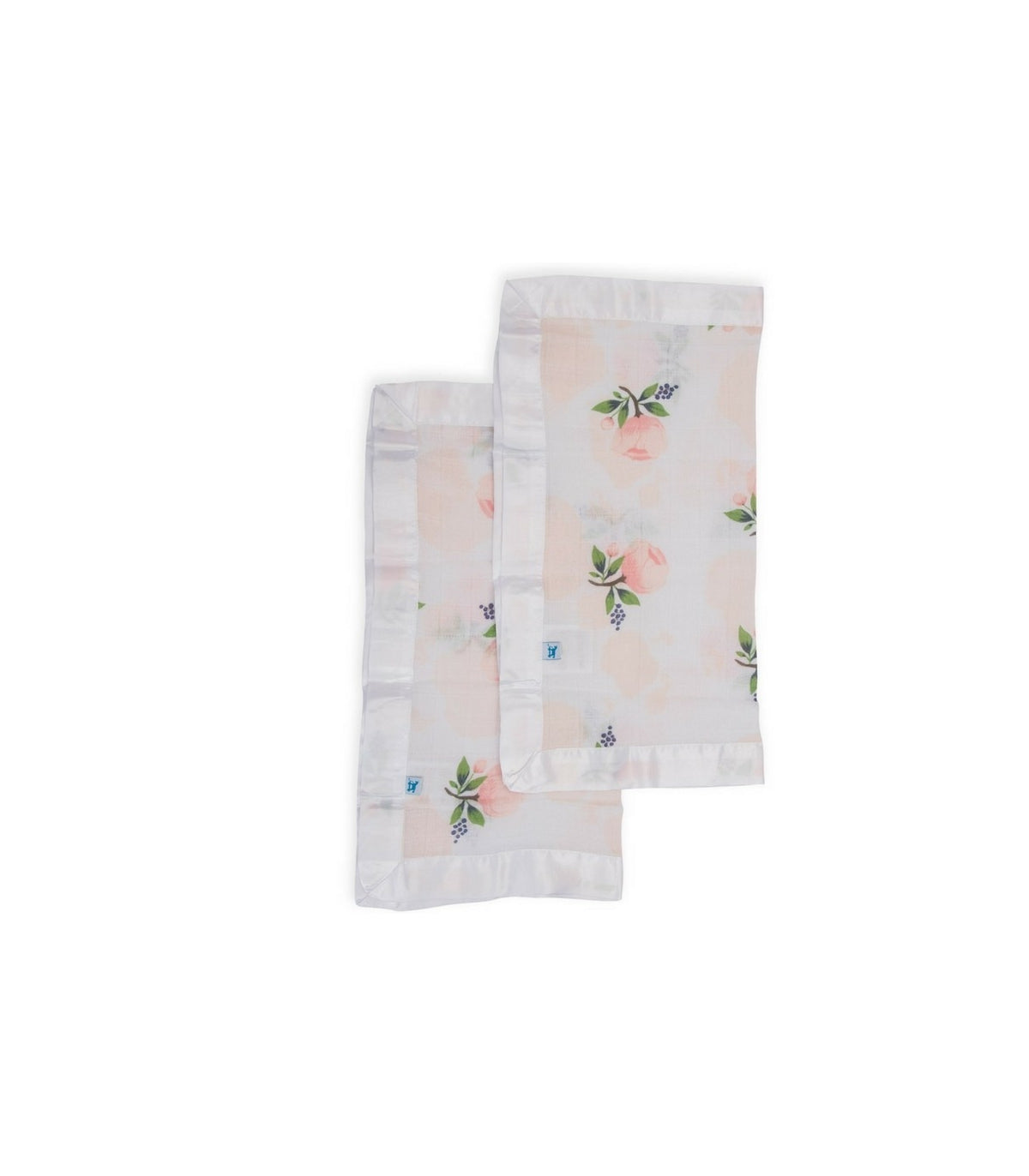 Duas fraldas de muselina Little Unicorn com padrão floral de flores rosa e folhas verdes, dobradas, mostrando o tecido suave e a orla acetinada.