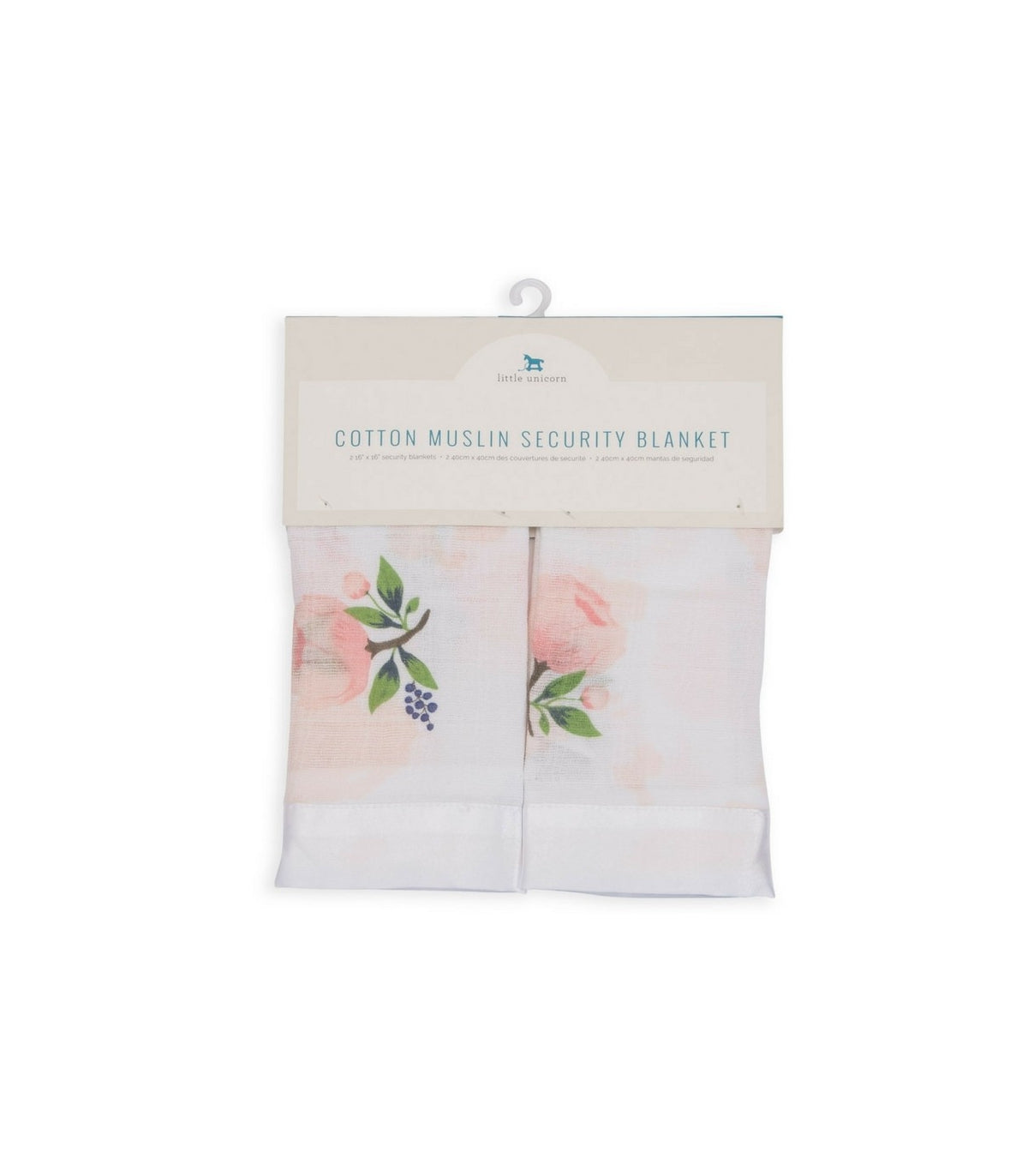 Conjunto de duas fraldas de muselina Little Unicorn com padrão floral em tons rosa e verde, visíveis na embalagem original.