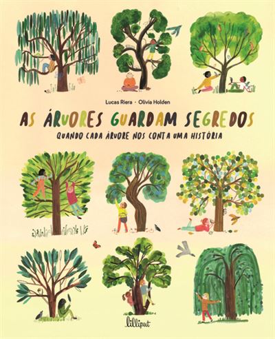 Capa do livro "As Árvores Guardam Segredos" com ilustrações de crianças a interagir com diversas árvores coloridas.