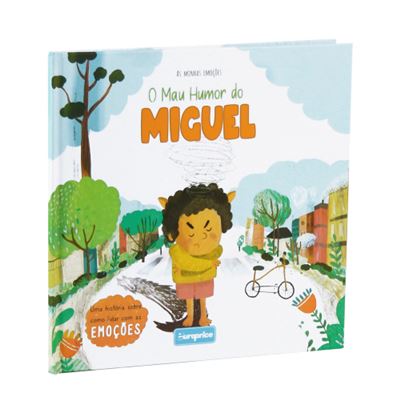 Capa do livro infantil "O Mau Humor do Miguel" da Europrice, mostrando uma criança zangada com um semblante de mau humor no meio de uma rua com árvores e casas.