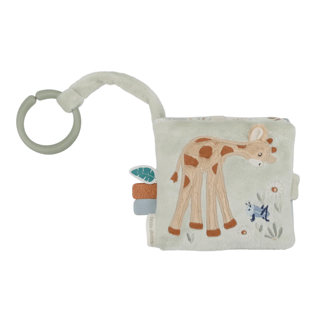 Livro sensorial de tecido da Little Dutch com animais do safari, espelho e argola de fixação.