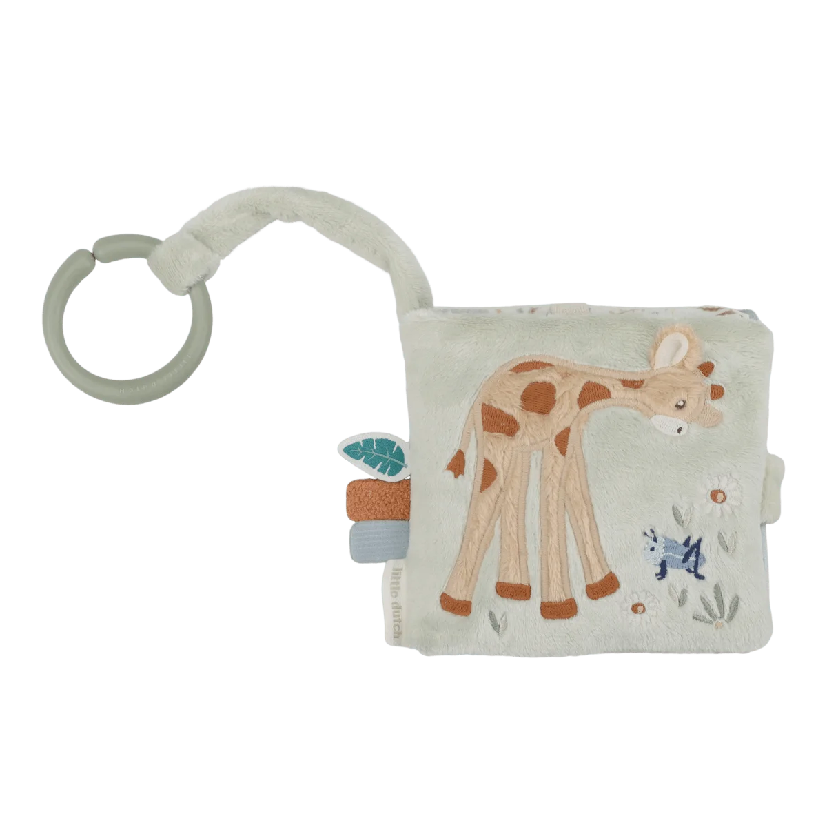 Livro sensorial de tecido da Little Dutch com animais do safari, espelho e argola de fixação.