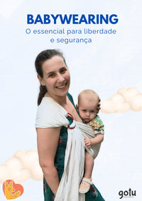 Capa promocional do livro "Babywearing - O essencial para liberdade e segurança" com mãe sorridente a usar um sling e um bebé.