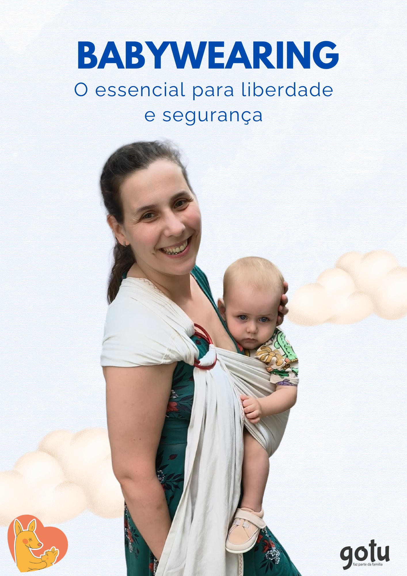 Capa promocional do livro "Babywearing - O essencial para liberdade e segurança" com mãe sorridente a usar um sling e um bebé.