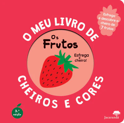 Livro interativo infantil sobre frutos com abas e zonas sensoriais de cheiro.