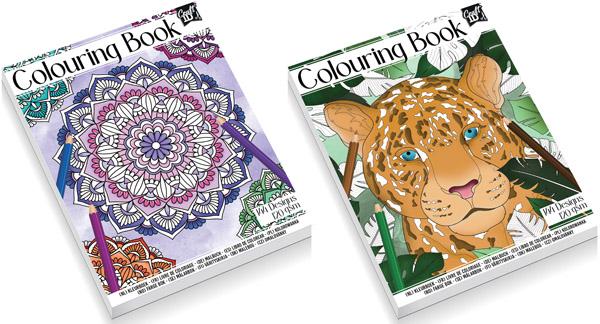Capa de dois livros de colorir Creative Craft: um com mandala colorida e outro com um leopardo, ambos com lápis de cor.