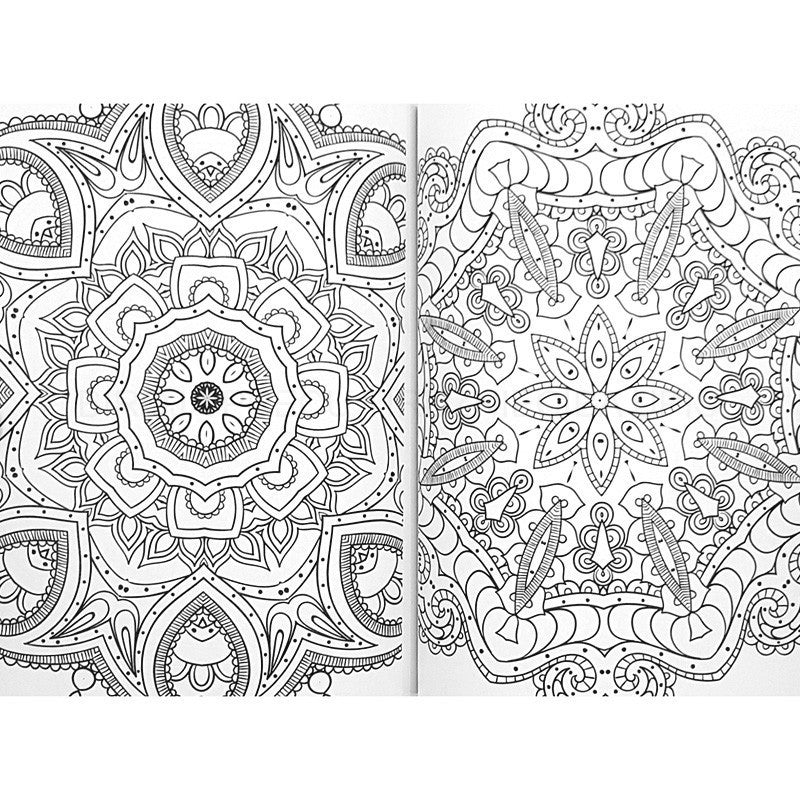 Duas páginas abertas do livro de colorir, exibindo desenhos detalhados de mandalas complexas em traço fino para colorir.