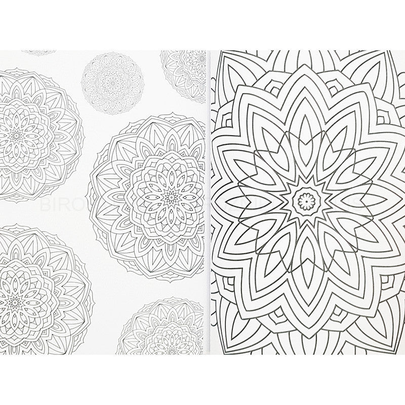 Duas páginas interiores do livro de colorir, mostrando vários desenhos de mandalas em preto e branco, prontos a serem pintados.