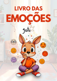 Capa do Ebook "Livro das Emoções" da Gotu, com um coelho animado pensativo rodeado por ícones de emoções, num ambiente doméstico acolhedor.
