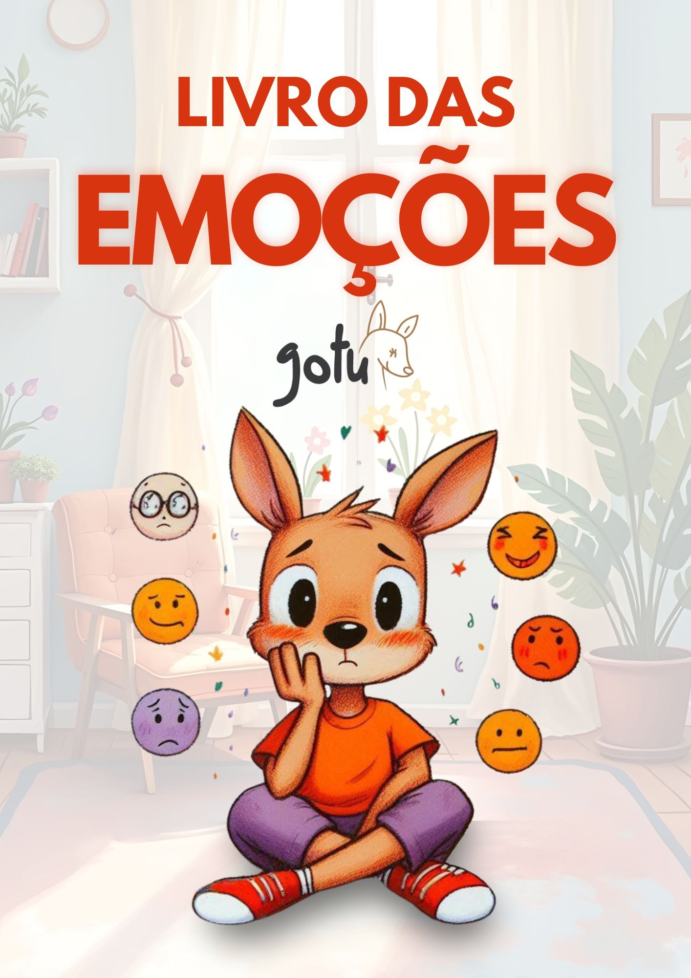 Capa do Ebook "Livro das Emoções" da Gotu, com um coelho animado pensativo rodeado por ícones de emoções, num ambiente doméstico acolhedor.