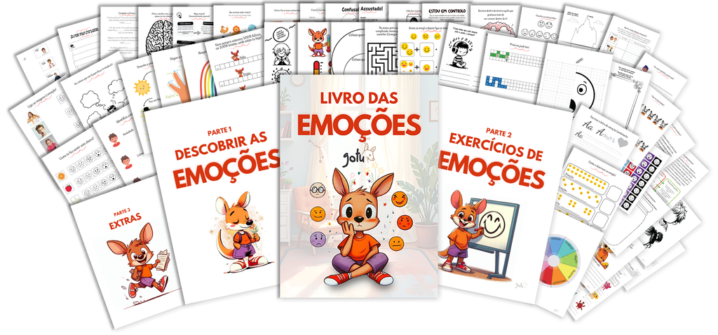Montagem de várias páginas do ebook "Livro das Emoções", mostrando as secções Parte 1, Parte 2 e Extras, com atividades e ilustrações coloridas.