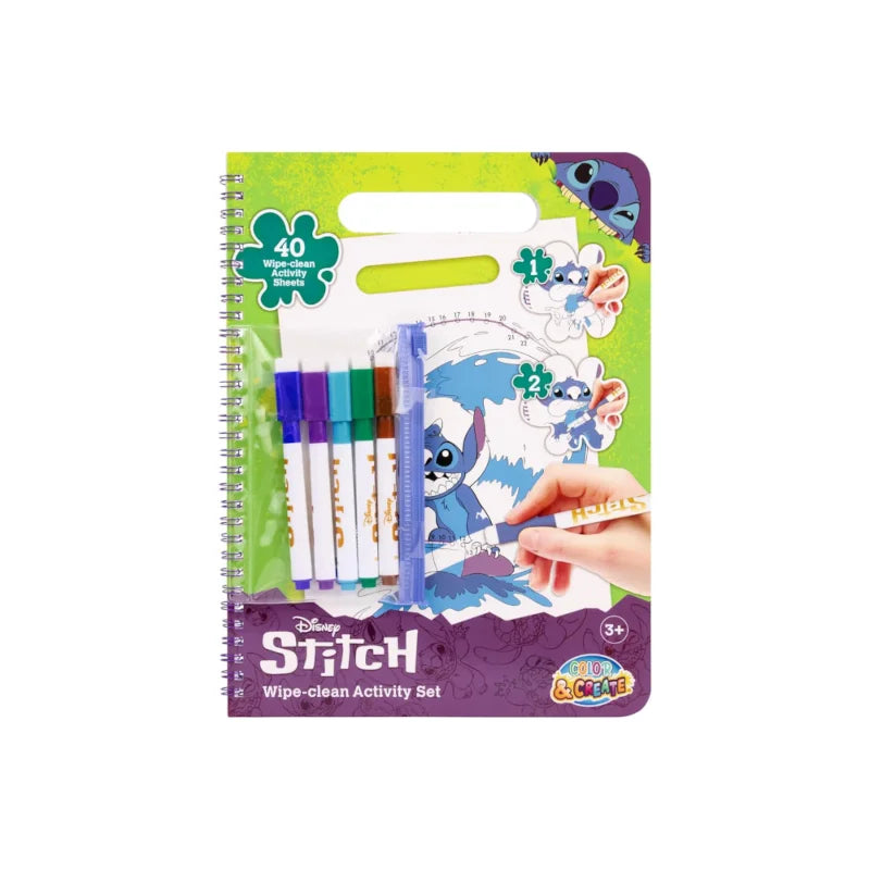 Conjunto Color and Create - Livro de colorir Infinito Stitch, mostrando a capa com o Stitch, os 5 marcadores coloridos e a borracha, e o texto "40 Wipe-clean Activity Sheets".