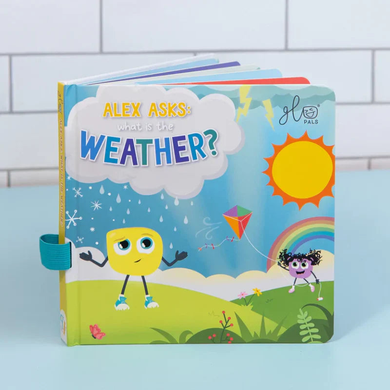 Capa do livro infantil "Alex Asks: What is the Weather?" da GloPals, mostrando um personagem amarelo a questionar sobre o tempo, com sol, chuva e um arco-íris.