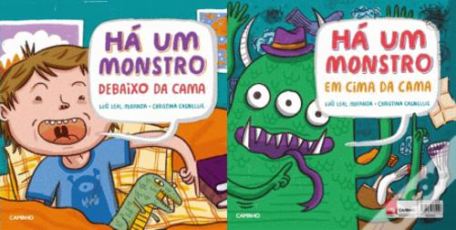Capas do livro "Há um monstro debaixo da minha cama / Há um monstro em cima da minha cama", ilustrando as duas perspetivas do medo.