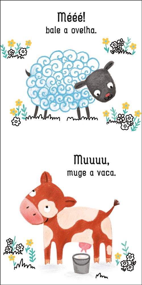 Ilustrações de animais de fazenda com seus sons correspondentes, excelente para ensinar sons de animais para crianças pequenas.