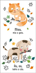 Ilustrações de um gato e um cão, mostrando seus sons característicos de forma divertida e educativa.