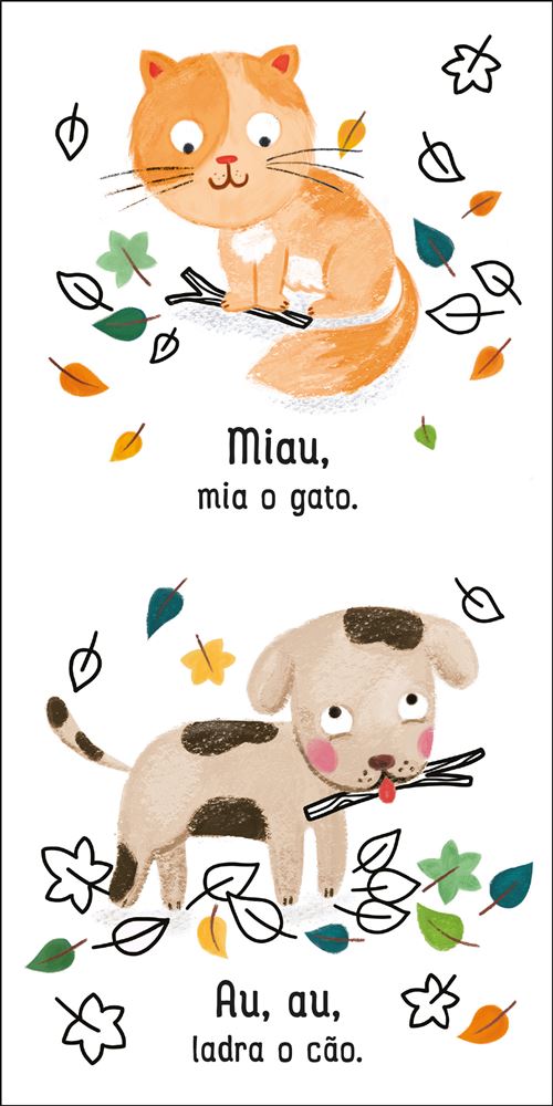 Ilustrações de um gato e um cão, mostrando seus sons característicos de forma divertida e educativa.