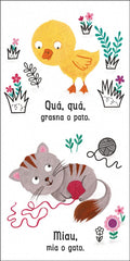 Ilustrações de um pato e um gato, mostrando seus sons característicos de forma divertida e educativa.