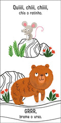 Ilustrações de um rato e um urso, mostrando seus sons característicos de forma divertida e educativa.