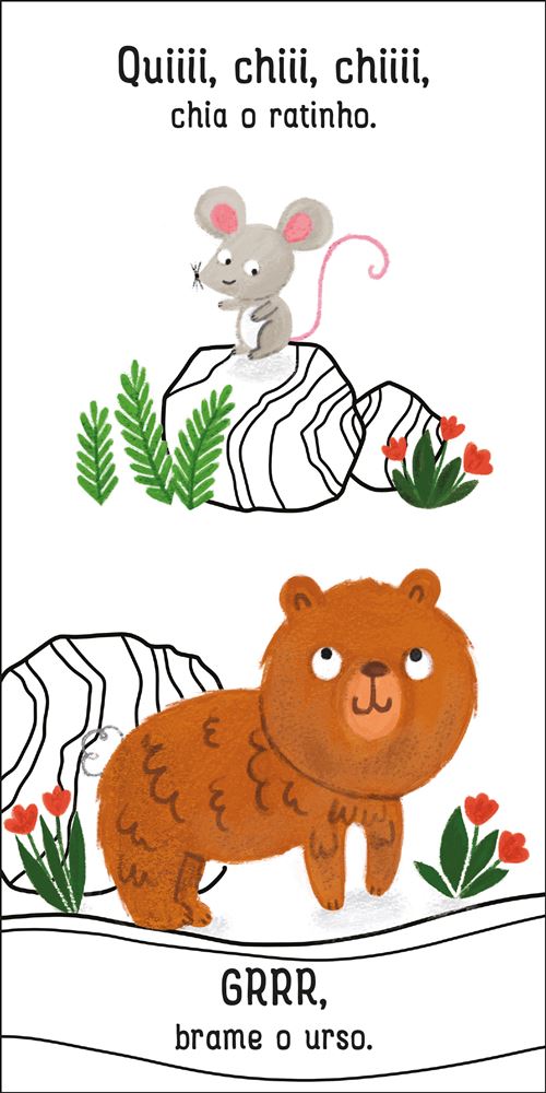 Ilustrações de um rato e um urso, mostrando seus sons característicos de forma divertida e educativa.