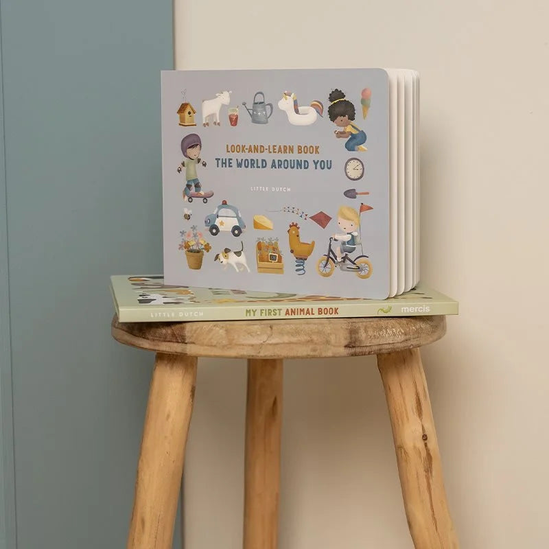 Livro ilustrado "Look-and-Learn Book The World Around You" da Little Dutch pousado sobre outro livro, ambos sobre um pequeno banco de madeira.