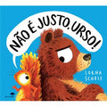 Capa do livro infantil "Não é Justo, Urso!" de Lorna Scobie, com urso e esquilo frustrados em fundo azul.
