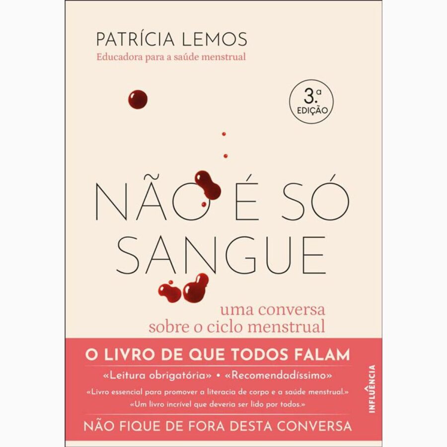 Capa do livro "Não é só Sangue" de Patrícia Lemos, com título em destaque e fundo que sugere temas de saúde e ciclo menstrual.