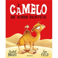 Capa do livro infantil "O Camelo que acordou maldisposto", com um camelo amarelo de expressão zangada no deserto, sob fundo vermelho vibrante.