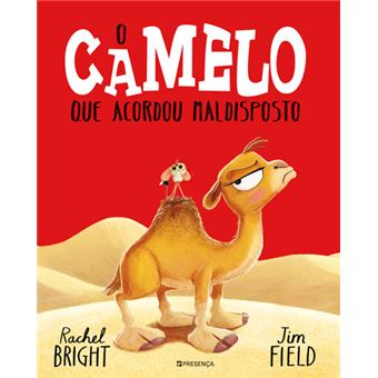 Capa do livro infantil "O Camelo que acordou maldisposto", com um camelo amarelo de expressão zangada no deserto, sob fundo vermelho vibrante.