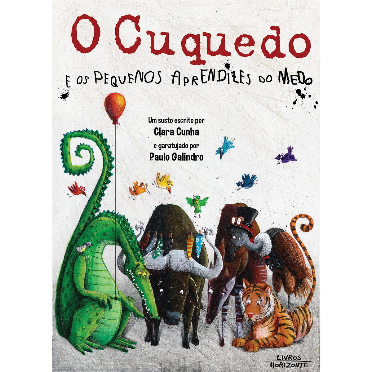 Capa do livro "O Cuquedo e os Pequenos Aprendizes do Medo" com ilustração de um dragão verde, búfalo, abutre e tigre, por Clara Cunha e Paulo Galindro.