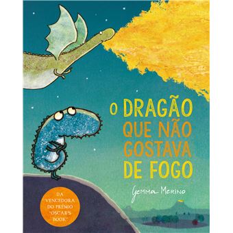 Capa do livro "O Dragão que Não Gostava de Fogo" de Gemma Merino, mostrando um pequeno dragão azul triste e um dragão verde a cuspir fogo.