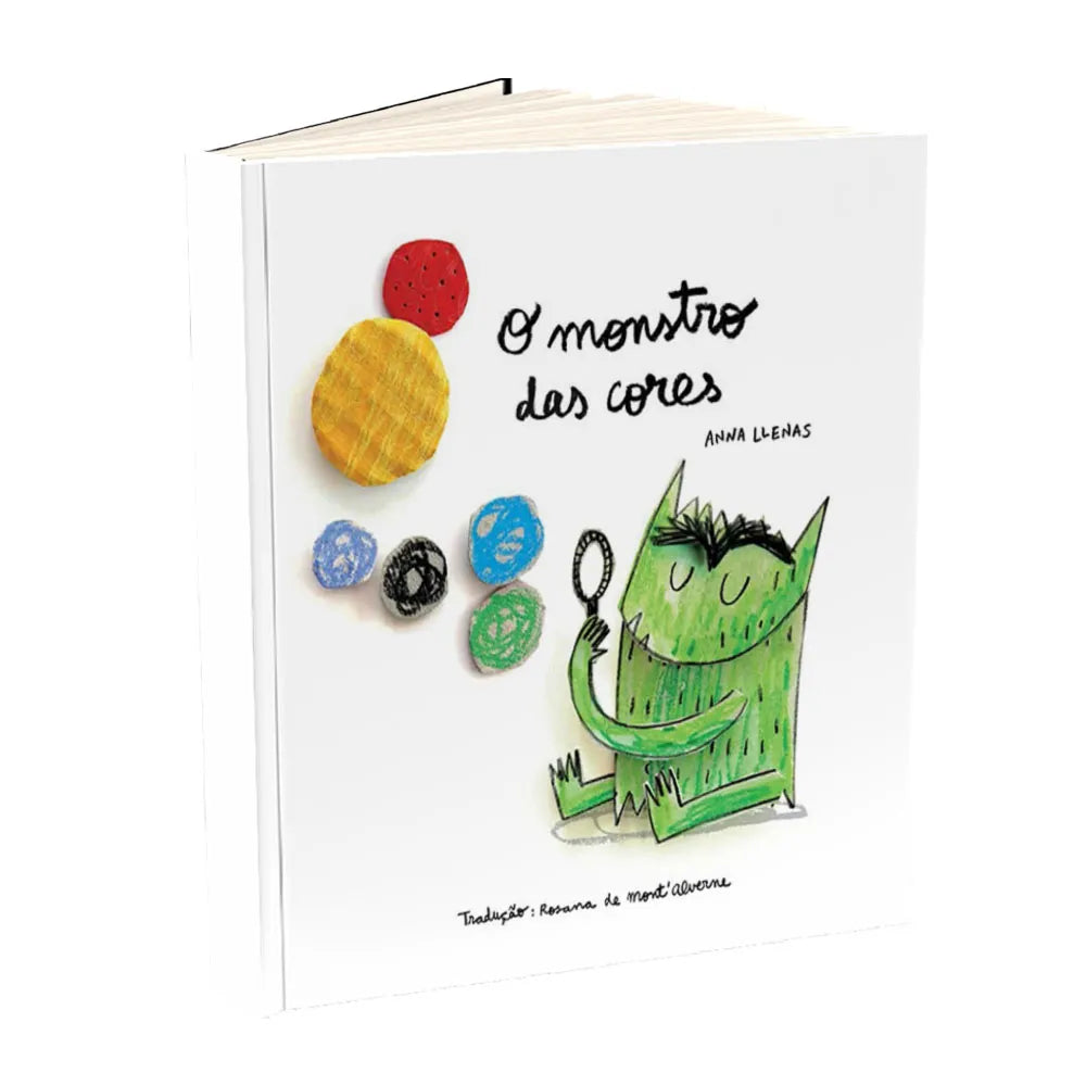 Capa do livro em cartão "O Monstro das Cores" de Anna Llenas, mostrando o monstro verde a olhar para um espelho de mão, rodeado por círculos coloridos que representam emoções.