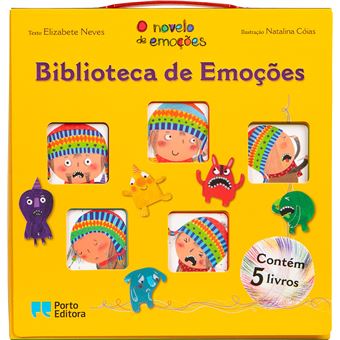 Caixa amarela da coleção "Biblioteca de Emoções" de Elizabete Neves, mostrando cinco recortes com ilustrações de emoções e o logótipo da Porto Editora.