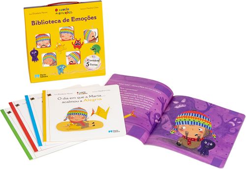 Conjunto completo da "Biblioteca de Emoções": caixa amarela, cinco livros individuais (incluindo "O dia em que a Marta... acalmou a Alegria") e uma página aberta com ilustração roxa.