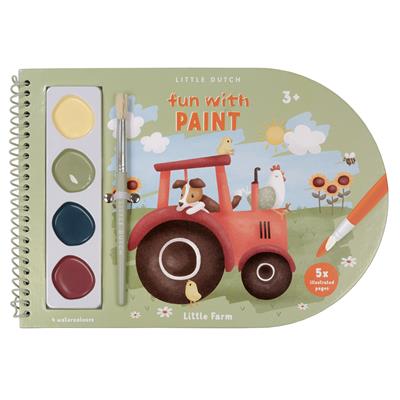 Capa do livro de atividades Little Dutch Fun with Paint, tema Little Farm, mostrando um trator vermelho, paleta de 4 aguarelas e pincel.