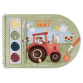 Capa do livro de atividades Little Dutch Fun with Paint, tema Little Farm, mostrando um trator vermelho, paleta de 4 aguarelas e pincel.