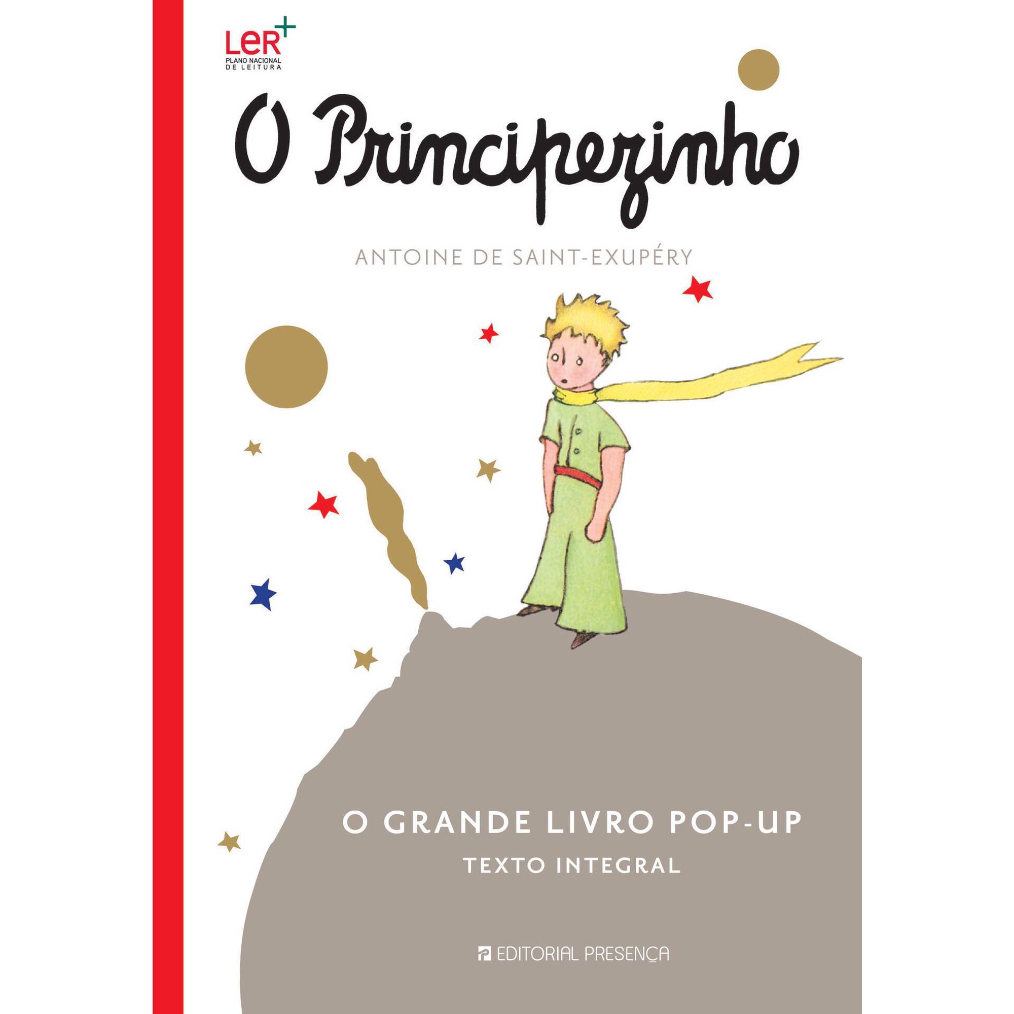 Capa do livro "O Principezinho O Grande Livro Pop-Up" com ilustração do Principezinho de cachecol amarelo em cima de um planeta.
