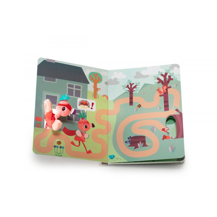 Imagem do livro aberto, mostrando uma página com o flamingo e um labirinto para as crianças seguirem.