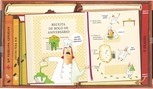 Interior do livro "Trincas", com ilustrações de um chef a seguir uma "Receita de Bolo de Aniversário" com ingredientes invulgares como "Slime".