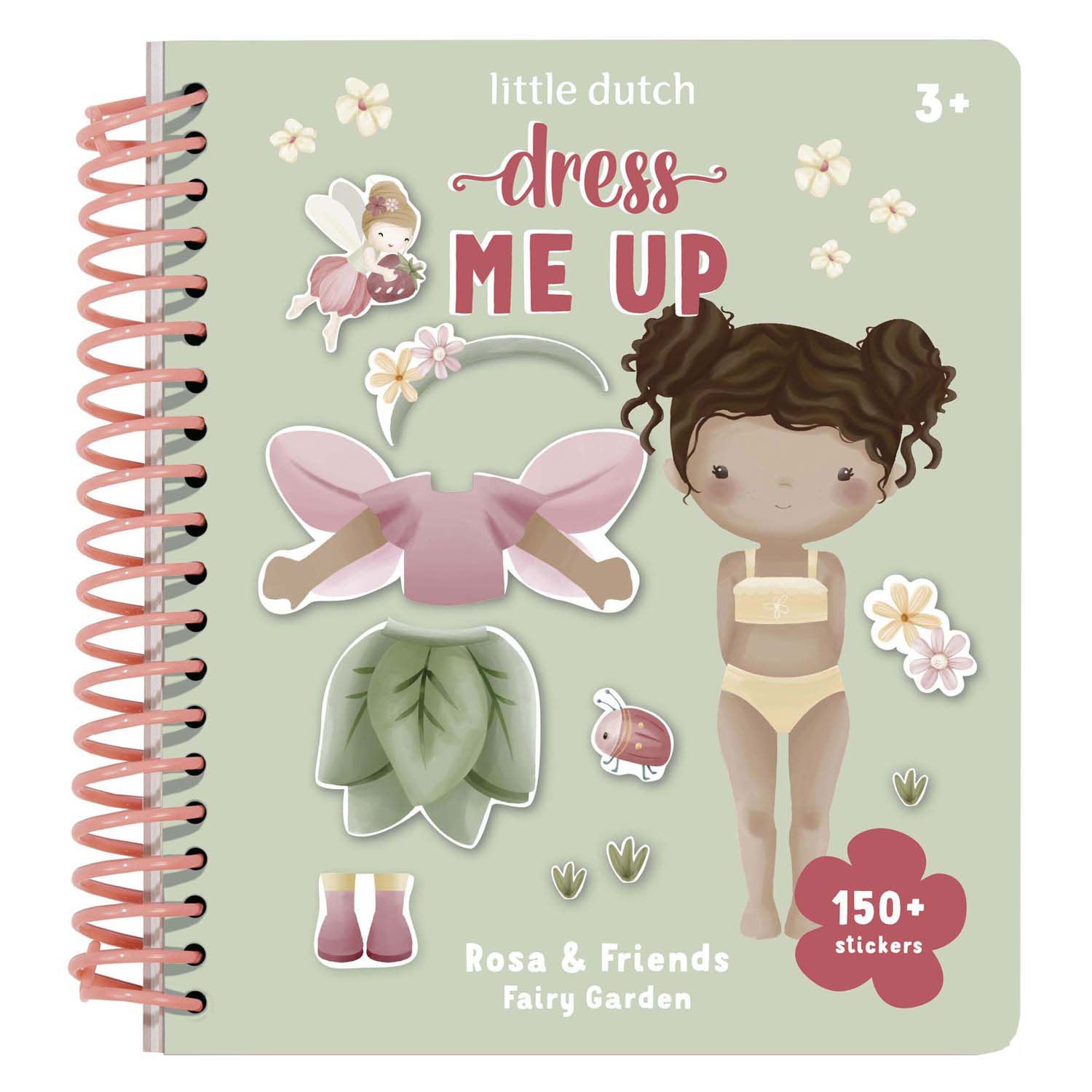 Capa do livro de vestir Little Dutch "Dress Me Up" com a personagem Rosa e autocolantes de fadas e acessórios, indicando 150+ autocolantes.