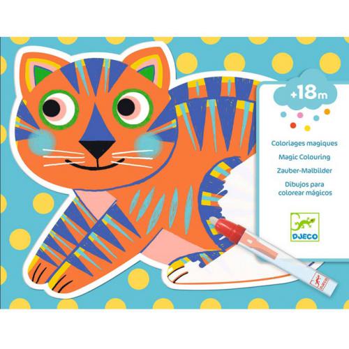 Criança a colorir um desenho de um gato laranja com caneta mágica Djeco