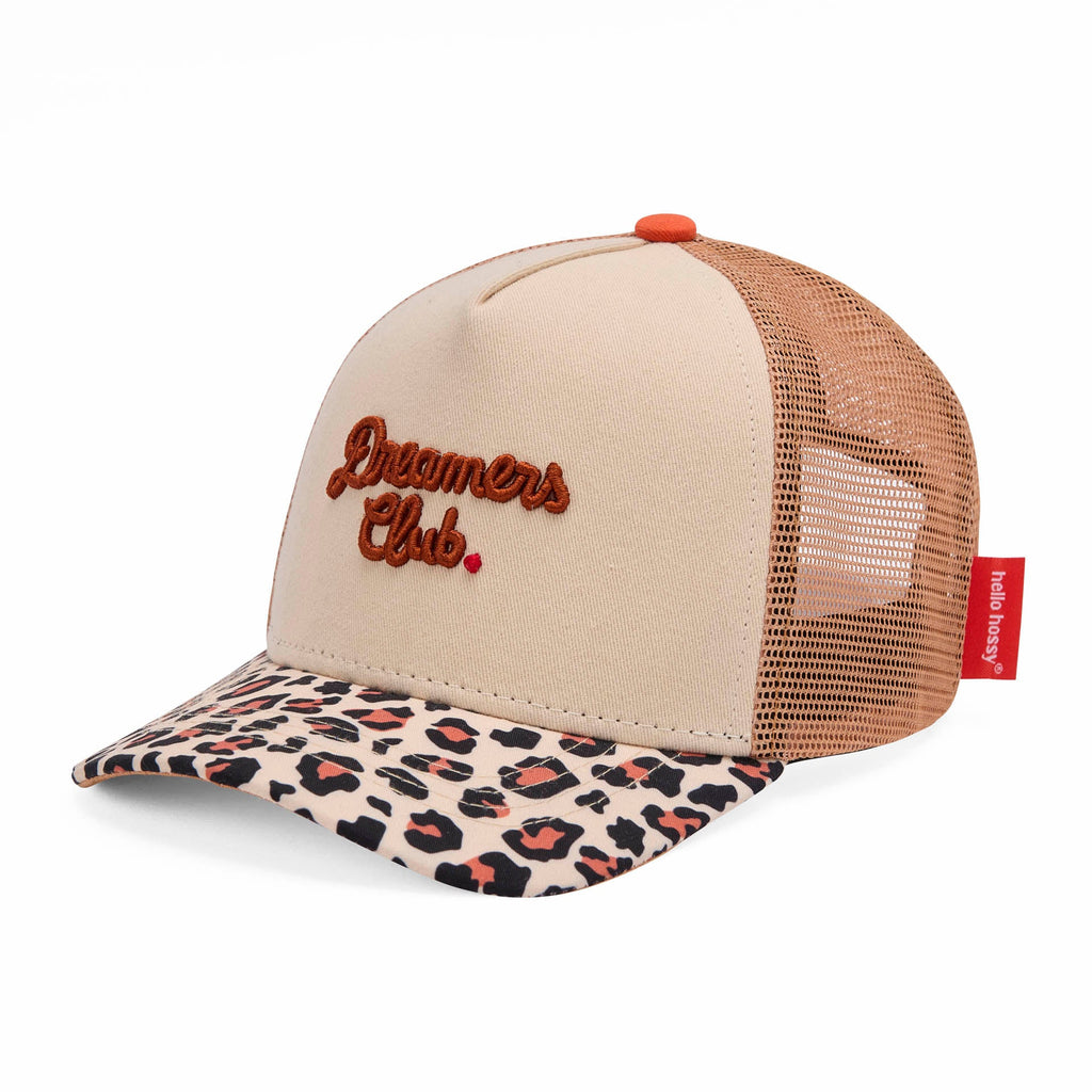 Boné trucker Léopard #2 da Hello Hossy com rede atrás, aba curva e fecho ajustável atrás