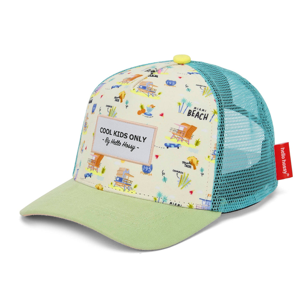 Boné trucker Hello Hossy Miami Beach com rede atrás, aba curva e fecho ajustável, imagem 1