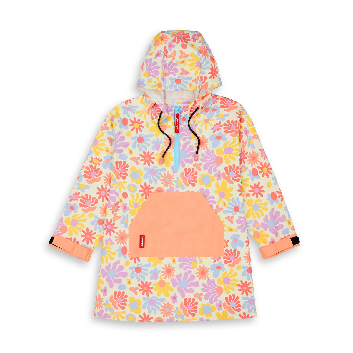 Poncho impermeável Hello Hossy Retro Flowers para criança, com capuz e bolso canguru frontal (vista 2)