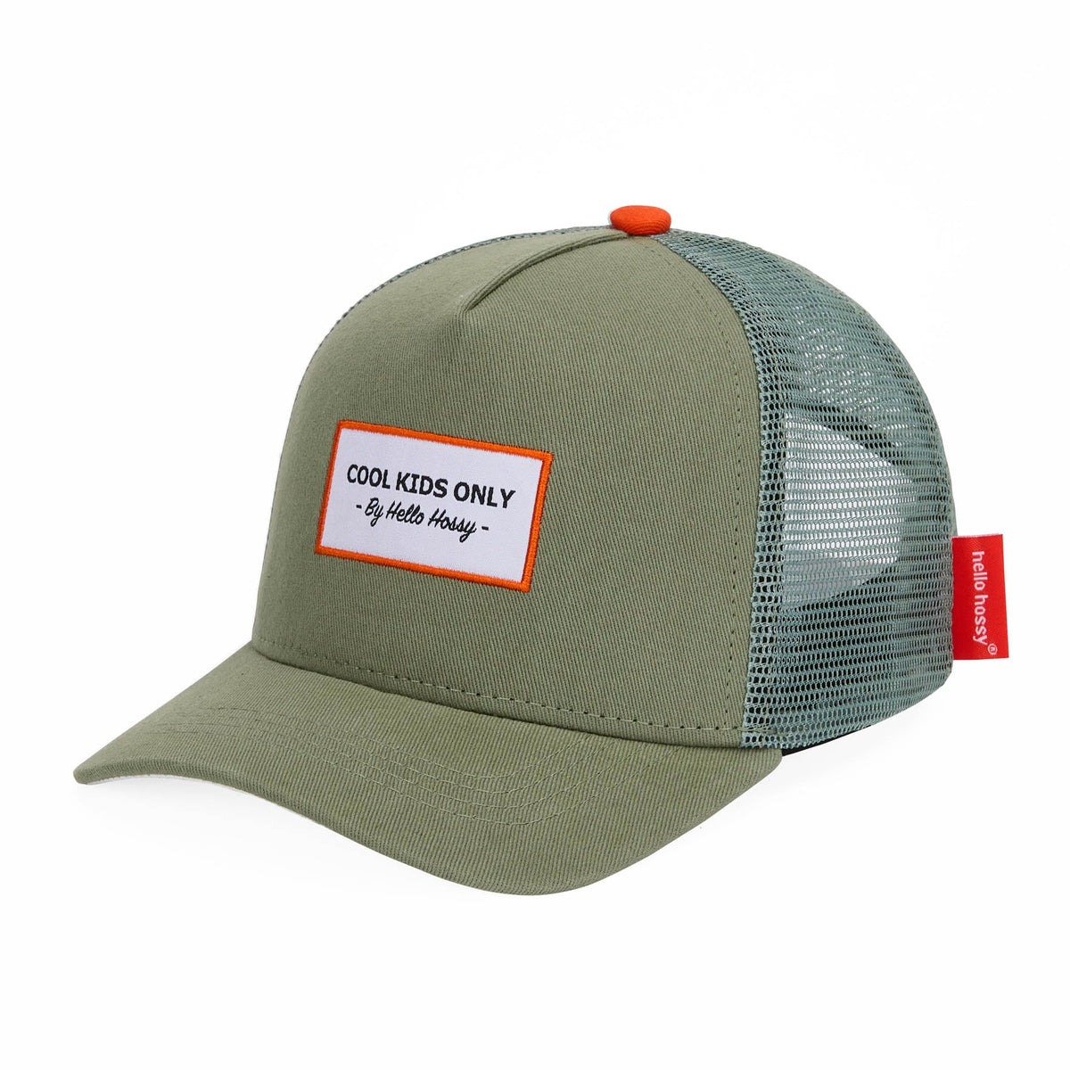 Boné trucker Hello Hossy Mini Olive com rede atrás, aba curva e fecho ajustável, imagem 1