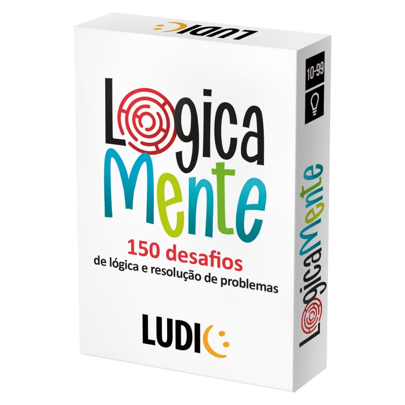 Caixa do jogo de lógica "Logica Mente" da marca LUDIC, mostrando a capa com o título e a indicação de 150 desafios para idades entre 10 e 99 anos.