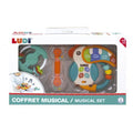 Conjunto musical Ludi com tucano luminoso, maraca e pandeireta para estimulação sonora infantil