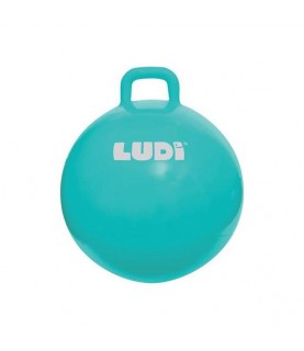 Bola saltitona XXL Ludi de cor turquesa, com pega robusta e logótipo visível, ideal para diversão e desenvolvimento do equilíbrio.